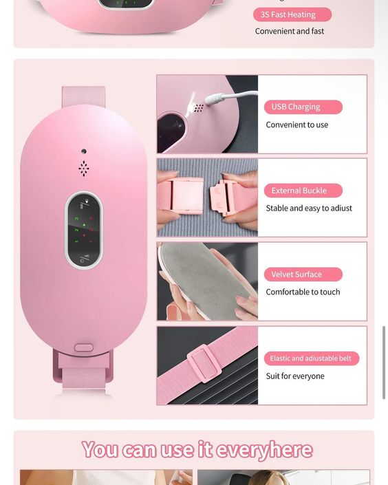 Period Cramp Relief Heating Pad with 4 Massage Modes for Menstrual, Belly, and Back Pain, LED Display, Comfortable Belt, Multicolor