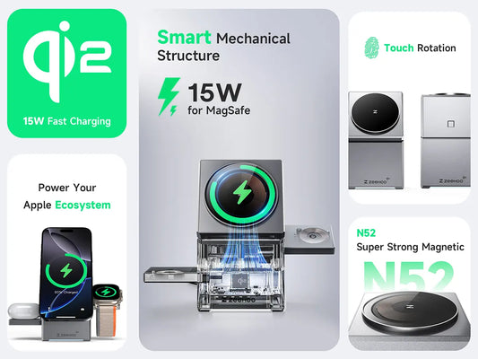 DIGITAL Wireless Charging Station, CubeTrick-X Qi2 15W Fast Charge, 3 in 1 Wireless Charging Station for Apple Watch Charger, for iPhone 15, 14, 13, 12 Series, AirPods