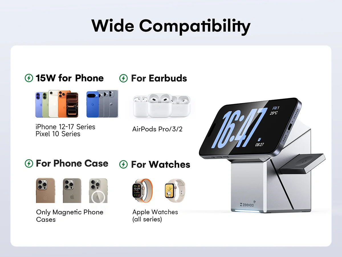 DIGITAL Wireless Charging Station, CubeTrick-X Qi2 15W Fast Charge, 3 in 1 Wireless Charging Station for Apple Watch Charger, for iPhone 15, 14, 13, 12 Series, AirPods